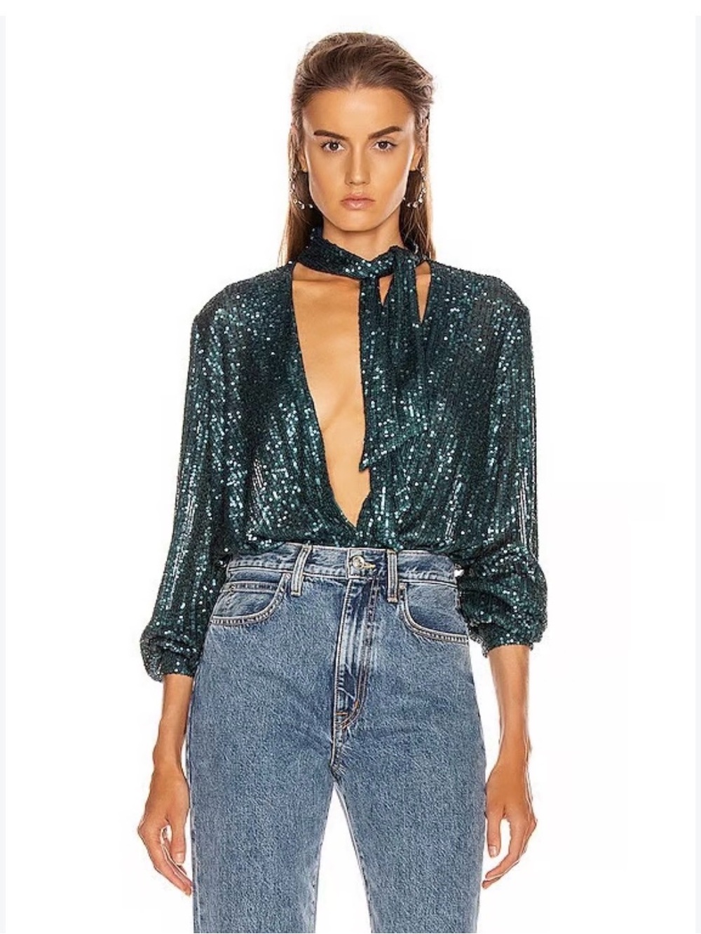 Jonathan Simkhai Emerald Sequin Tie-Neck Deep V Blouse